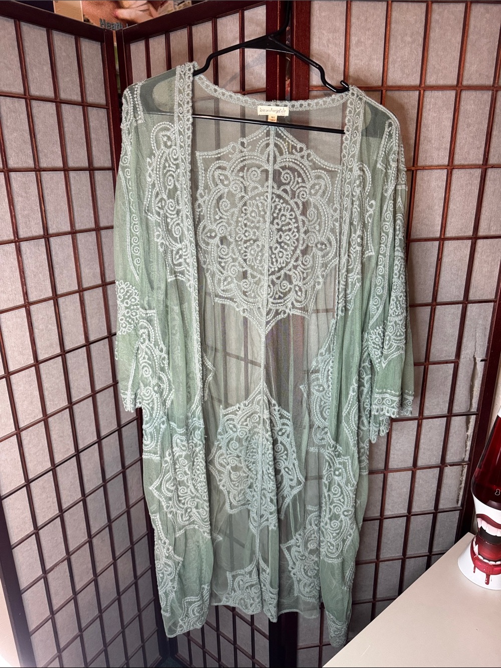 love on a hanger Sage Green Sheer Embroidered Kimono